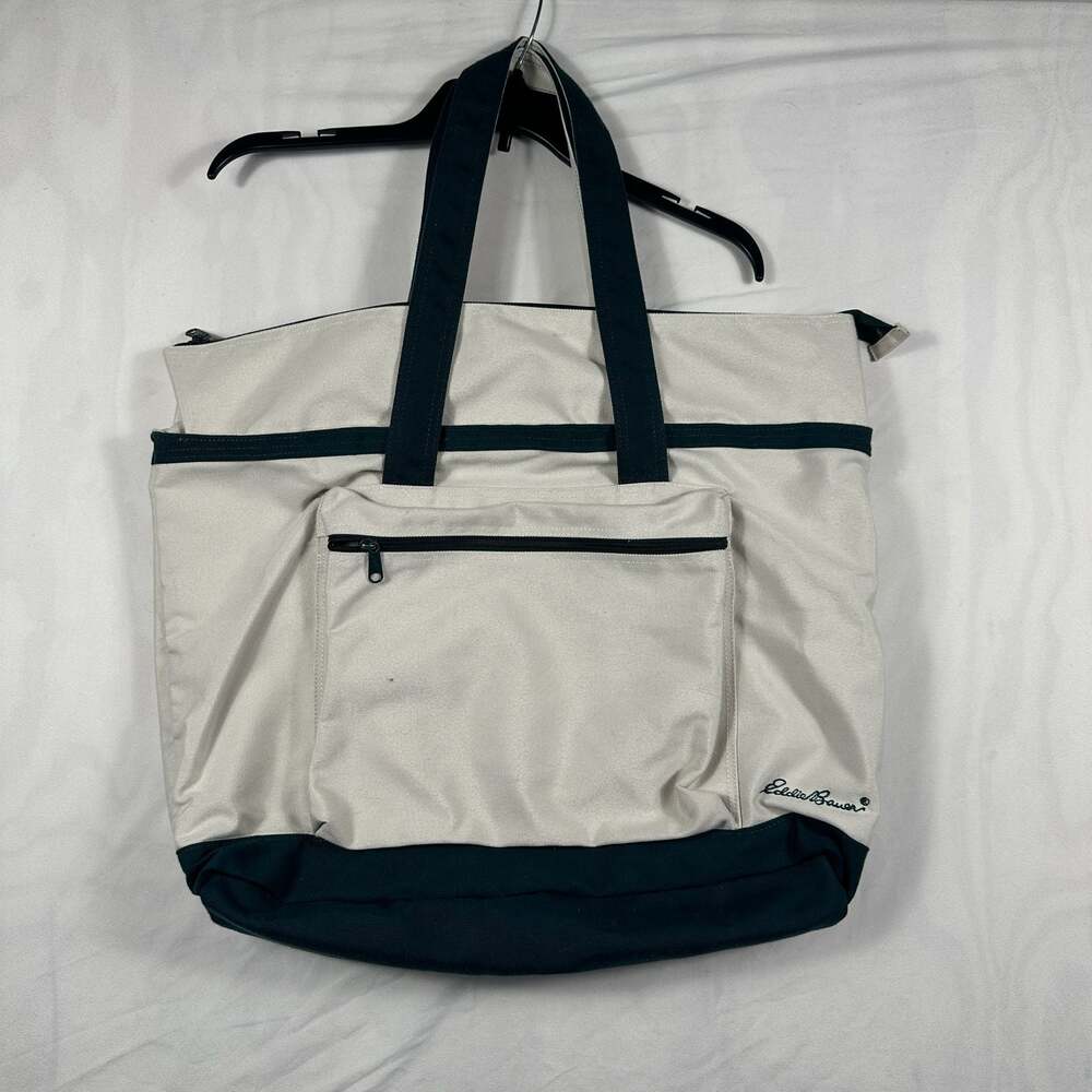 Eddie Bauer Canvas Zippered Utility Tote Bag Cream and Dark Green